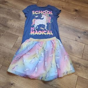 Unicorn Graphic Tee and Rainbow Skirt Set